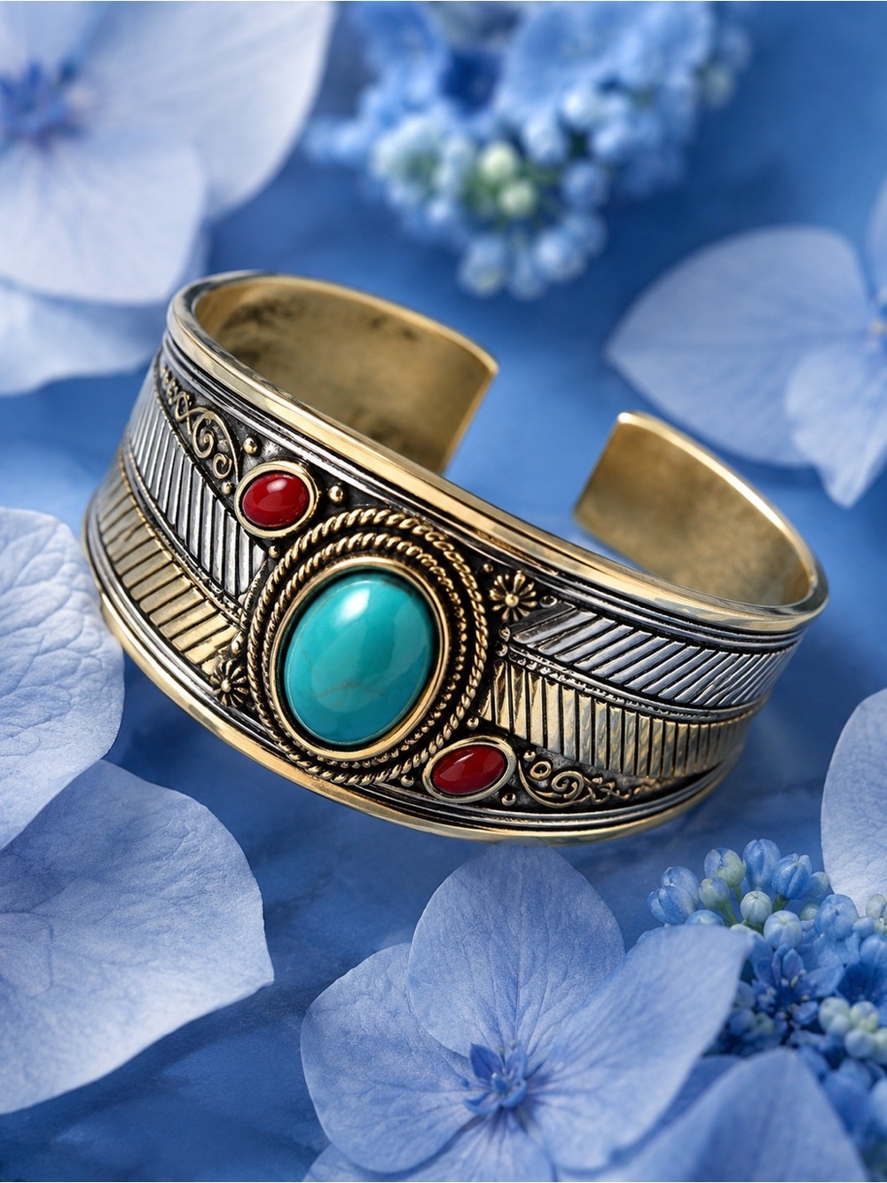 Artisan Gold-Tone Cuff Bracelet with Turquoise and Red Stone Accents